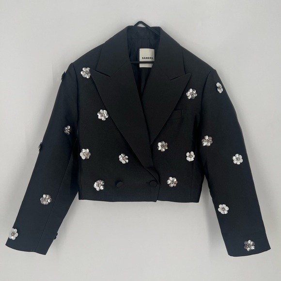 Sandro Flower Floral 3D Embellished Cropped Double Breasted Blazer Satin Jacket - Picture 2 of 9